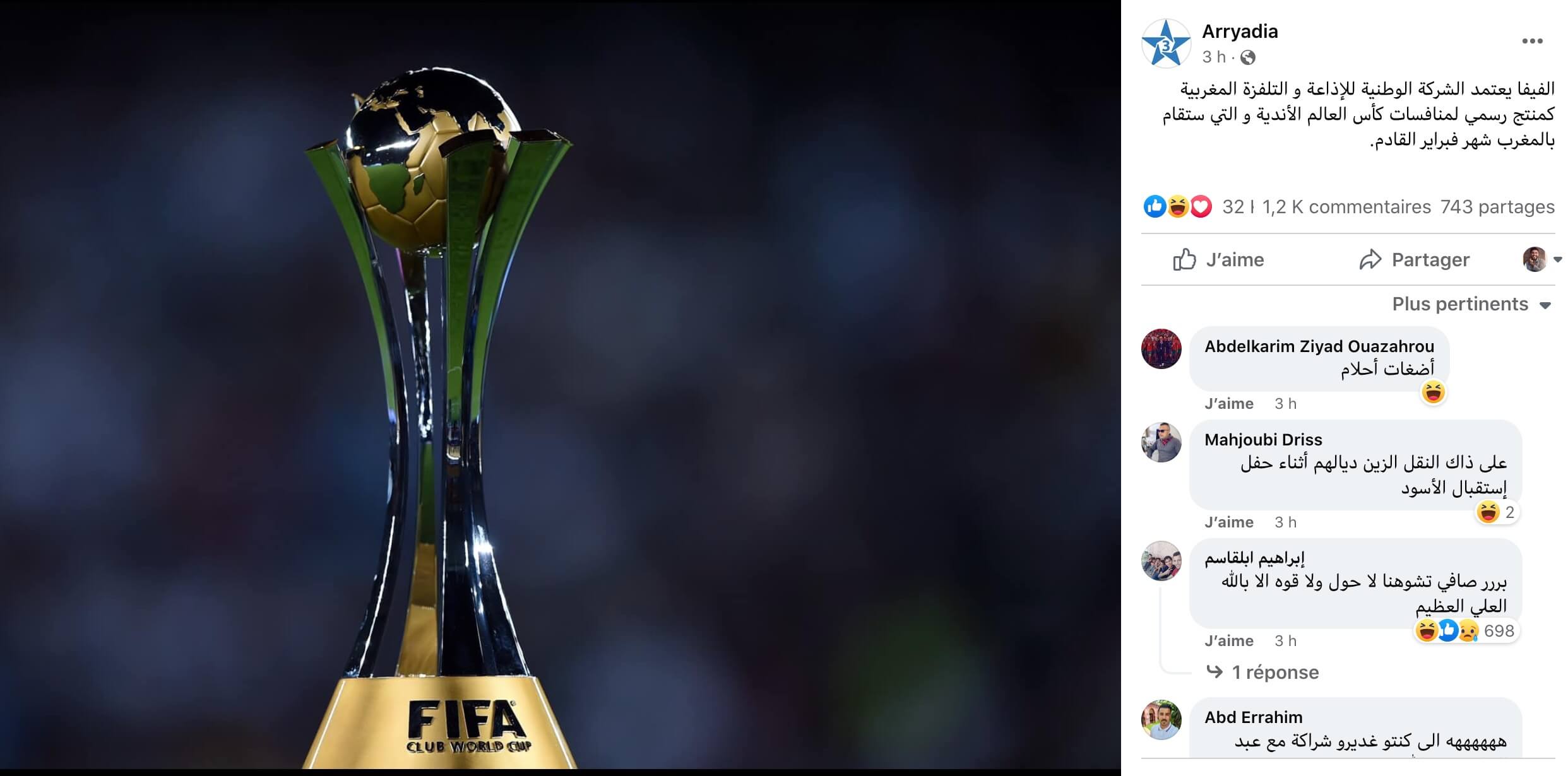 "الرياضية" تغلق خاصية التعليقات بعد الانتقادات التي طالت العرايشي إثر نشر خبر تكليف الفيفا لـSNRT بإنتاج مباريات الموندياليتو