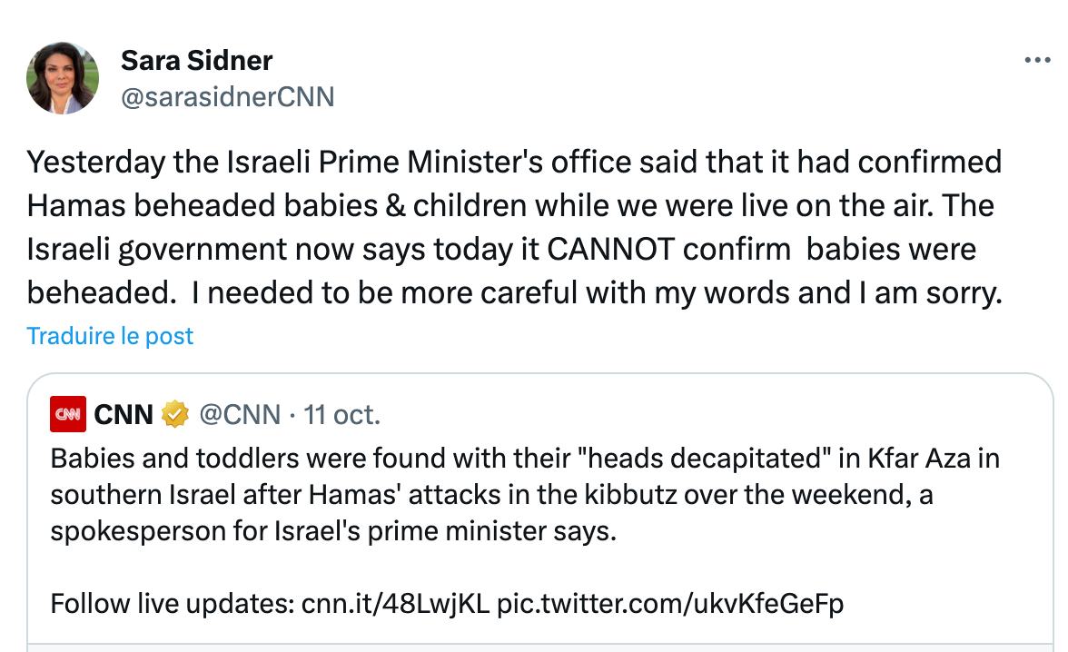 مراسلة شبكة "سي إن إن" الأمريكية تعتذر عن نشر مزاعم عن "أطفال إسرائيليين مقطوعي الرأس"